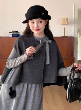 木茶MUCHA 小个子甜美文艺风圆领不规则短款披肩双面穿百搭外套女