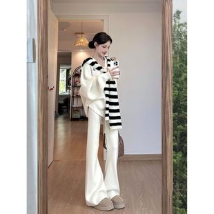 iNSLiiSA休闲宽松针织毛衣套装女韩系撞色披肩秋季微喇长裤两件套