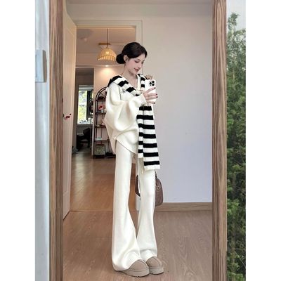 iNSLiiSA休闲宽松针织毛衣套装女韩系撞色披肩秋季微喇长裤两件套