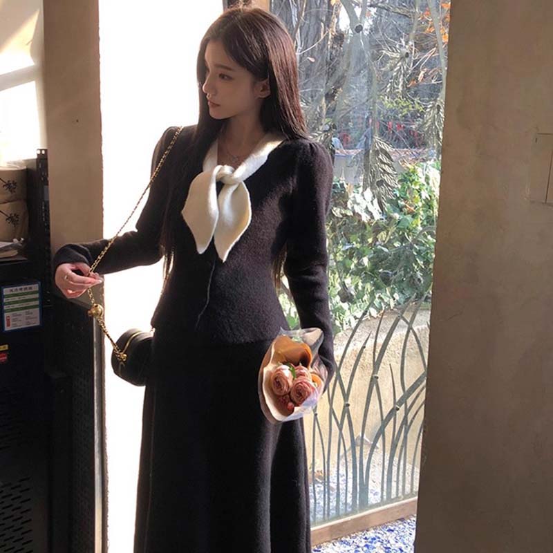 YYW汪澜的妹妹 蜜桃莫吉托 3色羊毛收腰针织开衫温柔半身裙套装女