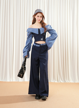 Ms XIDU 开春新款一字肩条纹拼接显瘦修身上衣学院休闲裤ootb整套