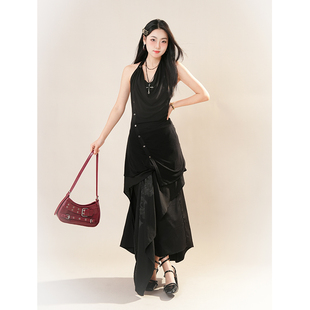 「 凌鸦ILNya 」差池_黑 月痕挂脖背心 羊毛莱赛尔荷叶边背心吊带