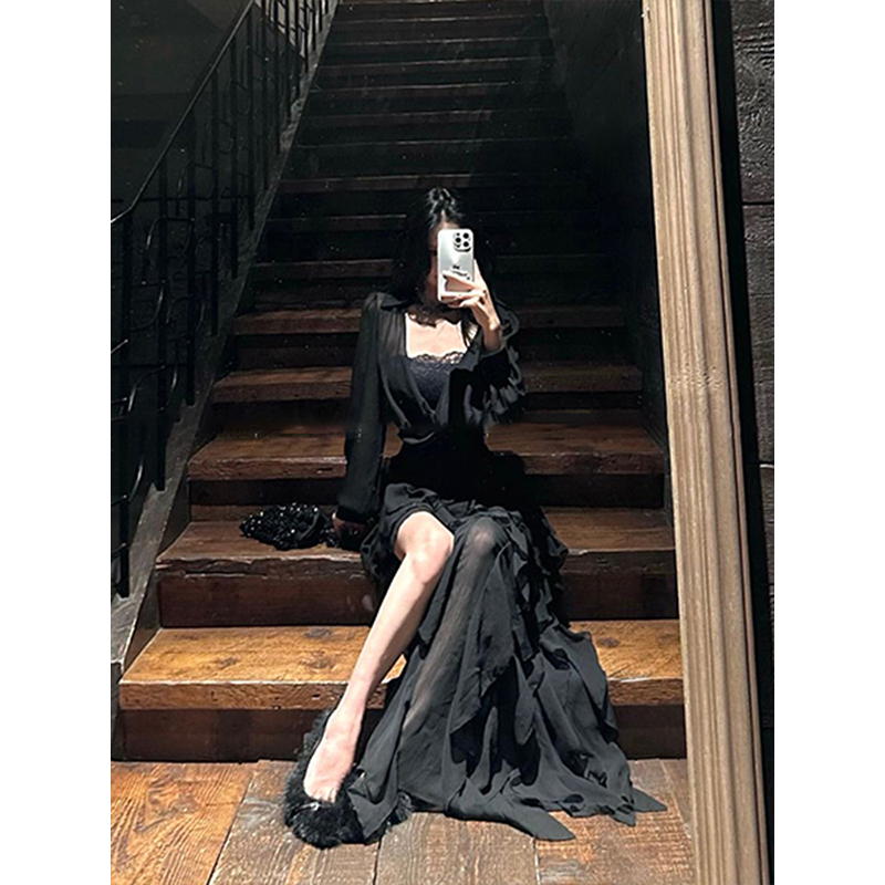 衬衫蕾丝吊带不规则半身裙三件套