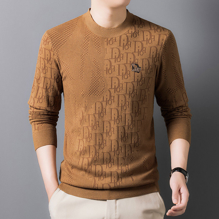 新款羊毛衫男士圆领春秋薄款提花宽松休闲纯色毛衣打底衫爸爸男装