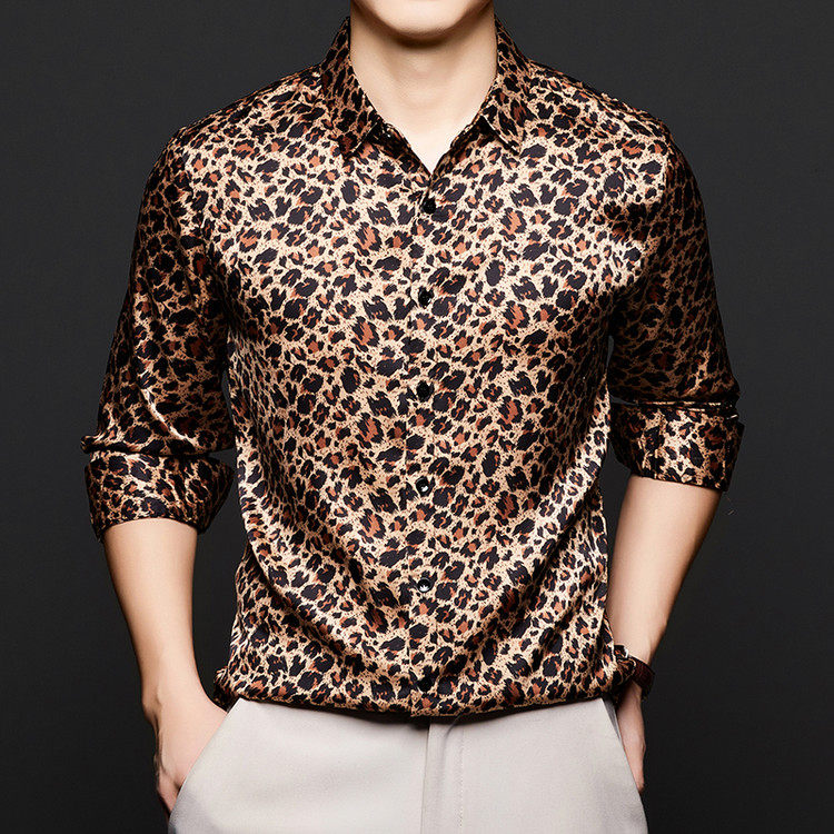 高品质复古桑蚕丝长袖衬衫男个性时尚潮流印花碎花真丝免烫衬衣