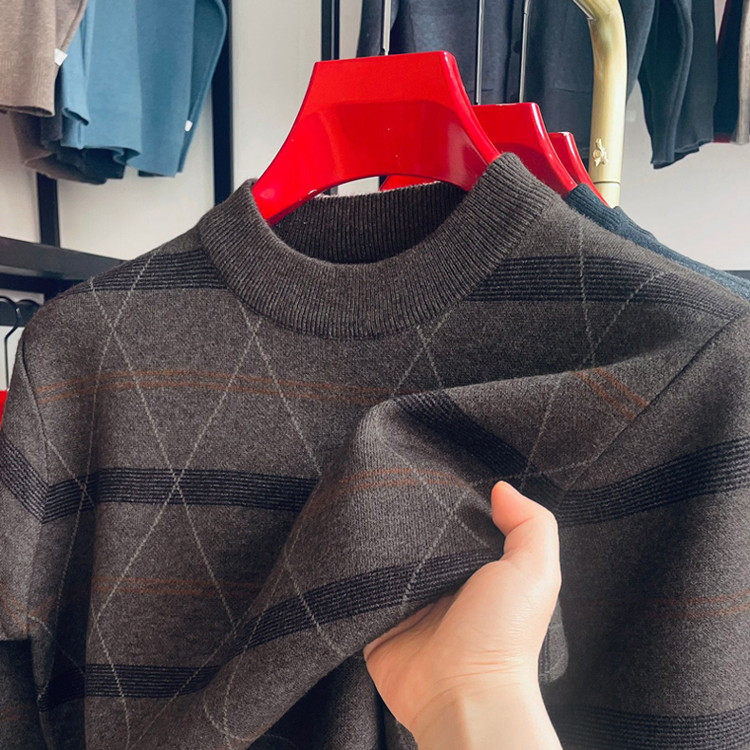 爸爸男装毛衣加厚条纹中年保暖针织打底衫男冬季羊毛衫圆领毛衣男