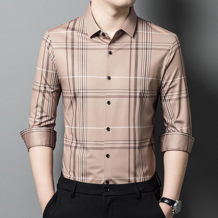 春夏男士免烫印花衬衫休闲宽松薄款保罗男装长袖衬衣大码格子男式