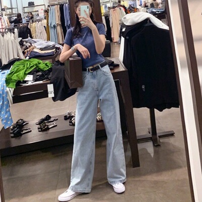 浅蓝色坠感阔腿裤女2026夏直筒裤高腰宽松显瘦韩版复古牛仔裤长裤
