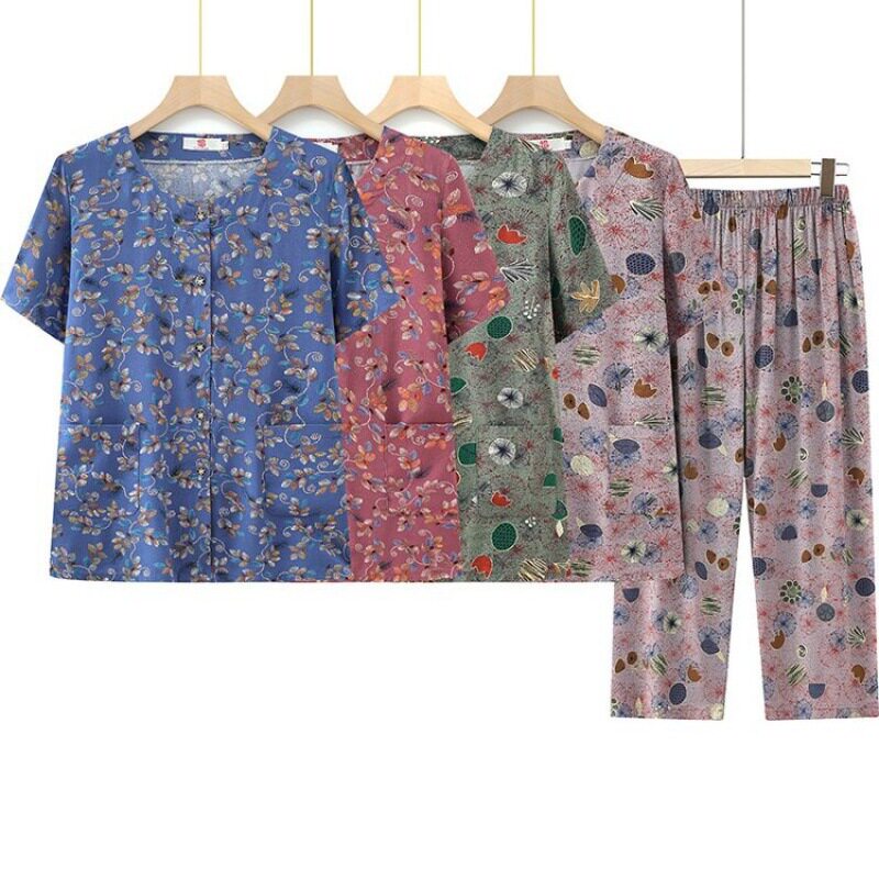 夏季中老年妈妈奶奶开衫纽扣家居服宽松大码棉绸短袖裤子套装外穿