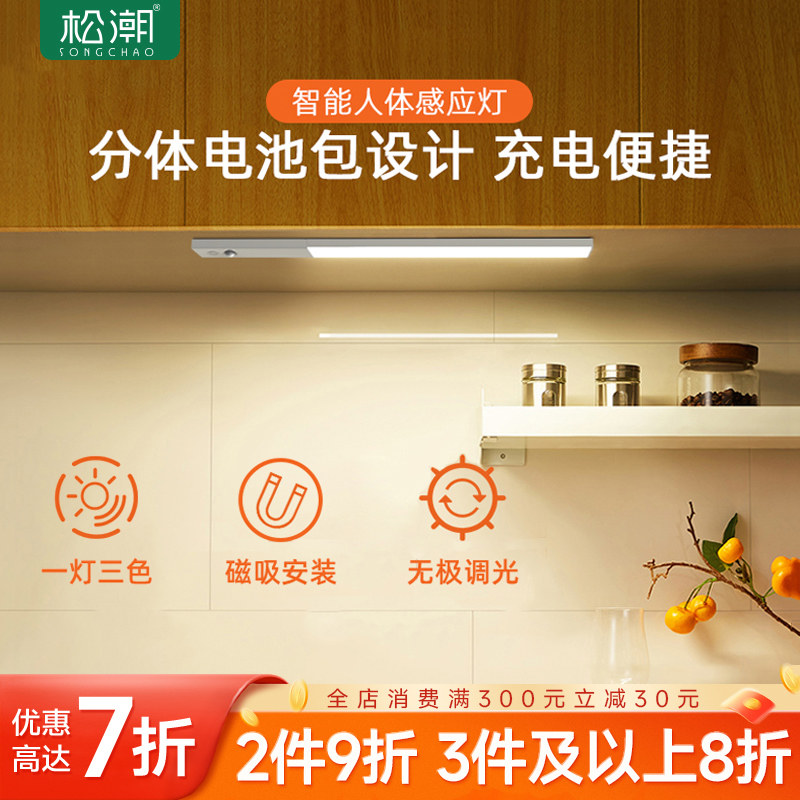 松潮分体式感应灯衣柜橱柜鞋柜感应灯带电池可拆卸充电无线磁吸