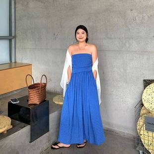 林大笑微胖两穿蓝色格子连身裙女夏季 胖mm度假抹胸长裙 新款 大尺码