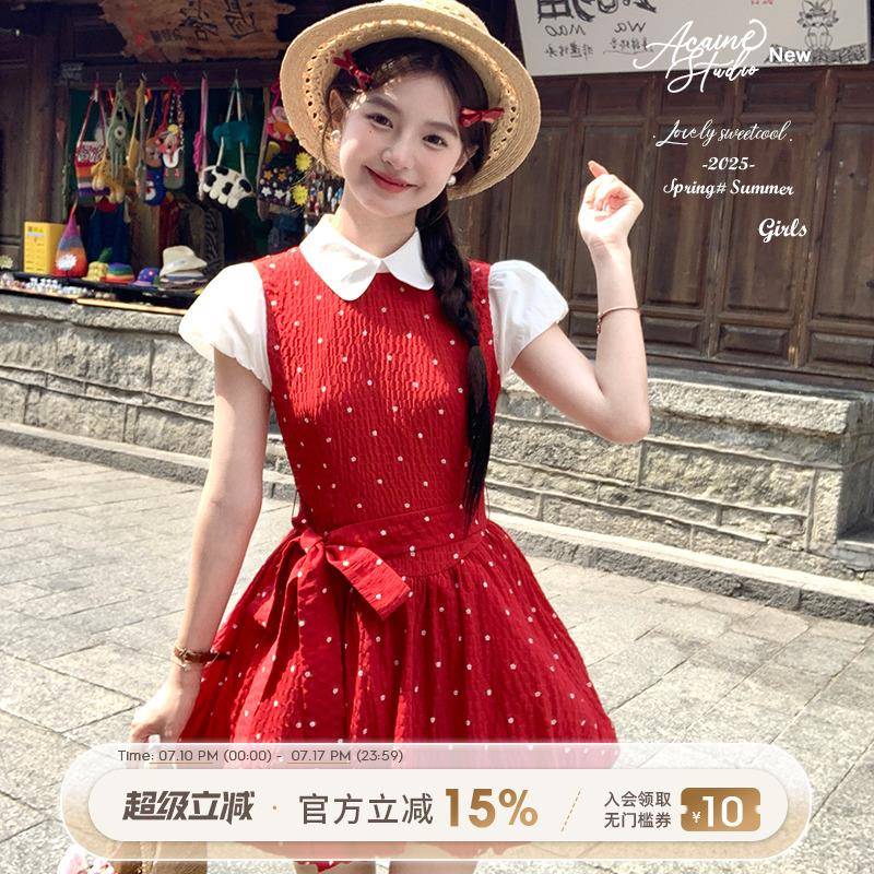 Acaine樱桃甜酿/红色中长款娃娃领波点短袖连衣裙女夏季气质裙子