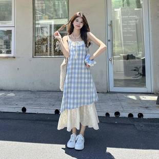 蓝色格子拼接假两件蝴蝶结系带吊带裙女夏季 新款 小清新甜美风洋装