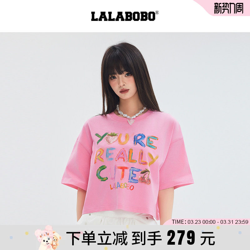 【商场同款】LALABOBO25年T恤夏新款女原创宽松短款印花圆领短袖