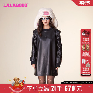 LALABOBO2023冬季新款纯色休闲圆领垫肩皮衣连衣裙女|LBCD-WSPW17