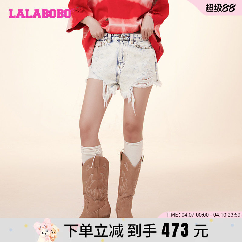 土耳其bossa面料 LALABOBO24春季新款复古休闲辣妹毛边牛仔短裤