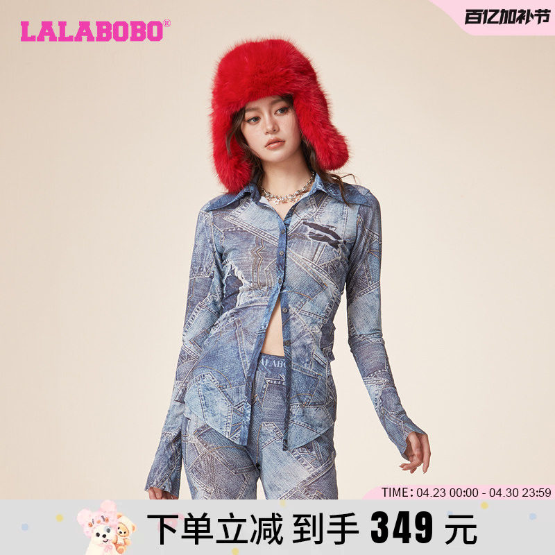 张慧贤同款LALABOBO24春休闲废土风网纱翻领长袖T恤|LBDA-WSDT13