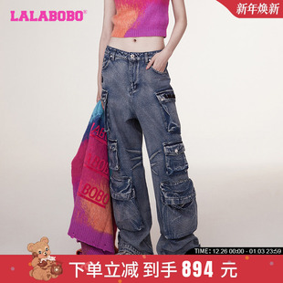 工装 美式 风多口袋高腰牛仔裤 女 WXZC80 LALABOBO2023冬季 LBCC 新款