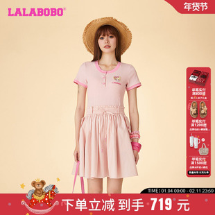 LALABOBO24夏季新款甜美可爱休闲针梭拼短袖连衣裙女|LBDB-WLZY20
