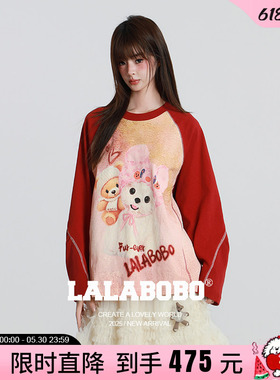 【新年红色】LALABOBO26年春新宽松上衣女圆领美式印花插肩袖卫衣