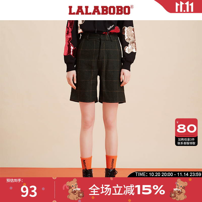 LALABOBO2023秋冬复古羊毛西装格纹高腰阔腿五分短裤女20D-WXZD11