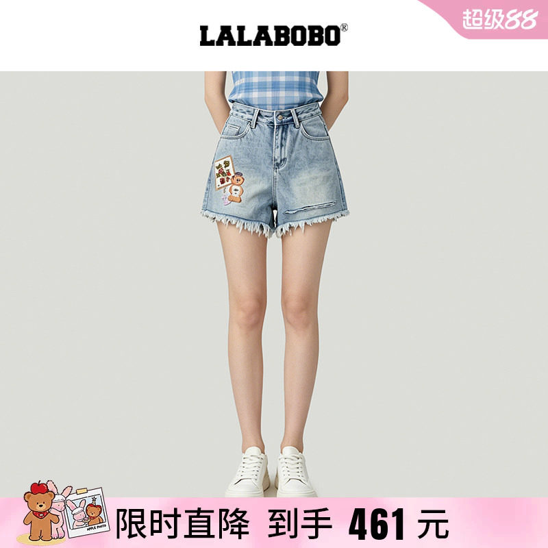 阔腿三分裤复古印花破洞牛仔短裤