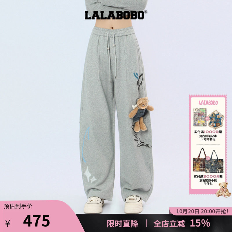 阔腿裤女涂鸦印花宽松灰色休闲裤
