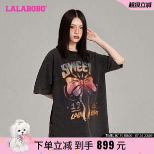 原創(chuàng)女新款 商場(chǎng)同款 LALABOBO24年連衣裙秋季 印花甜酷T恤長(zhǎng)裙