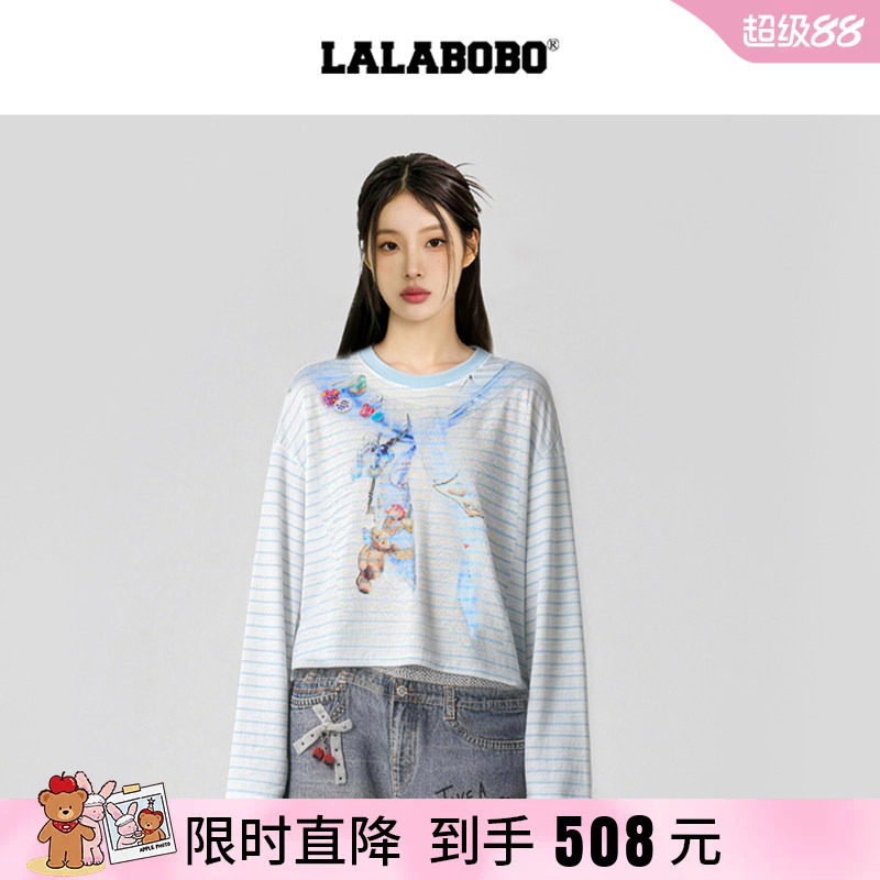 罩衫3D印花蓝色条纹长袖短款T恤
