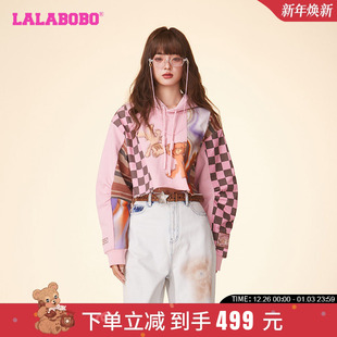 LALABOBO24春新韩系慵懒风小熊拼接格纹套头连帽卫衣 WSTS23 LBDA