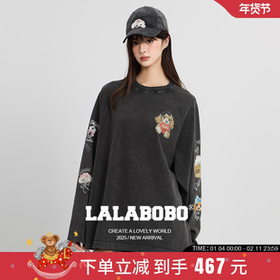 【商场同款】LALABOBO25年秋新款纯棉上衣女印花小狗宽松长袖T恤