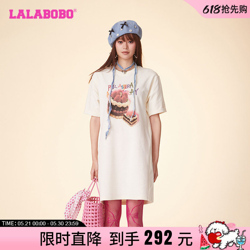 LALABOBO24夏季新品圆领套头蛋糕图案长款T恤连衣裙|CBDB-WLZY11