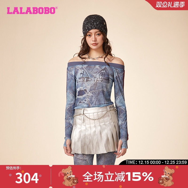 休闲废土风网纱一字领长袖T恤女