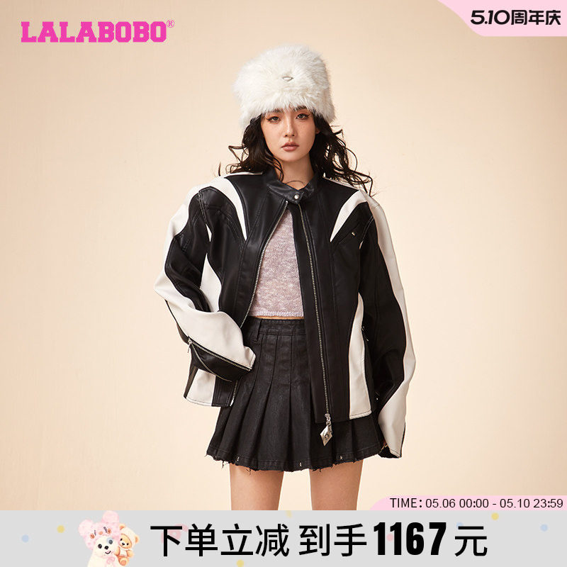 LALABOBO早秋新品款爱心蝴蝶拼接PU仿皮衣大码外套女|LBCD-WSPW12