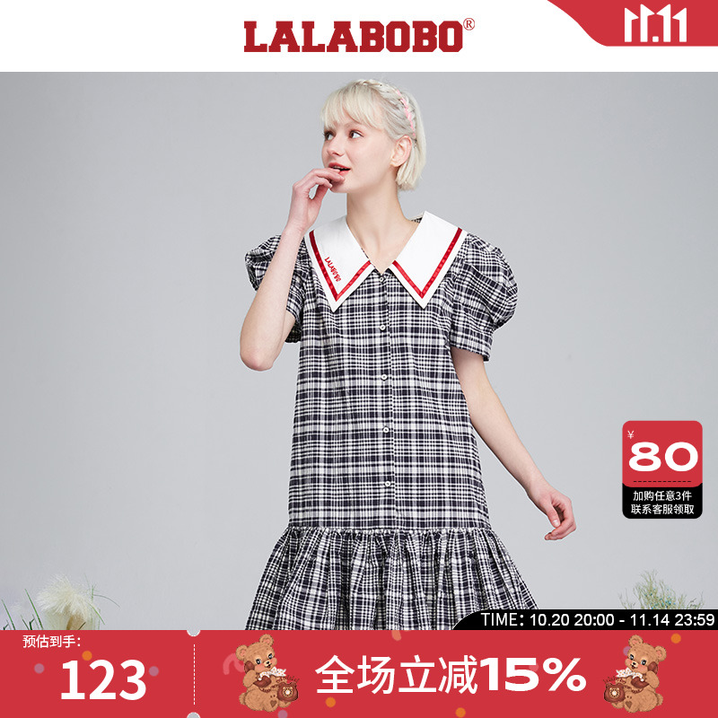 新款设计泡泡袖格纹衬衫连衣裙