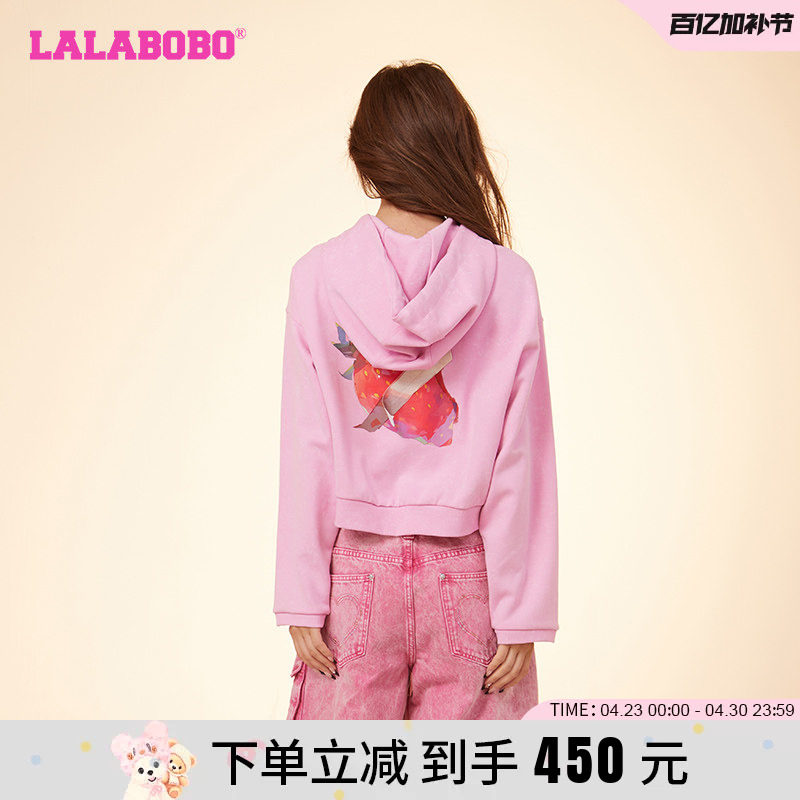 悦悦同款LALABOBO短款韩系慵懒风蜡染草莓连帽卫衣女|LBDA-WSTS43