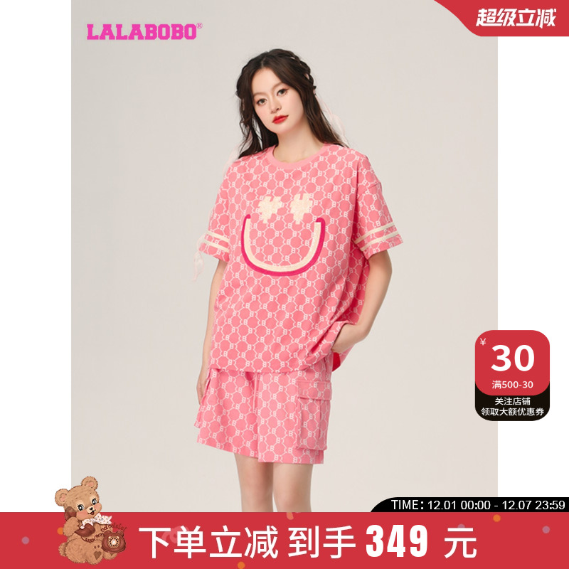 lalabobo复古老花宽松短袖t恤