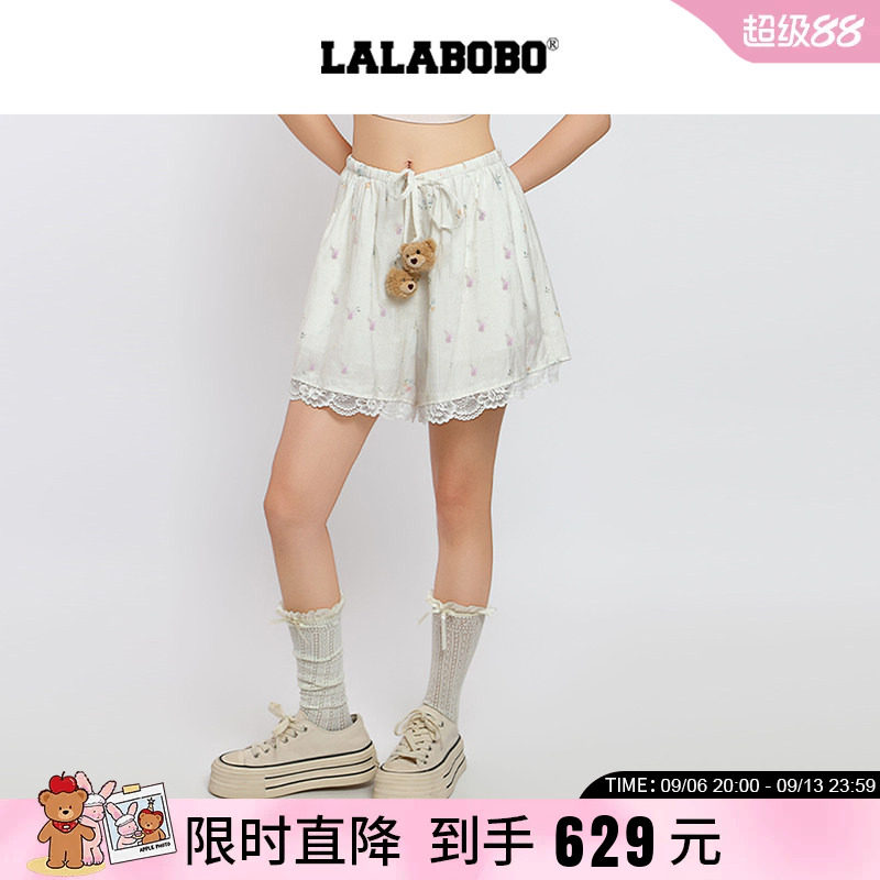 【玩偶熊】LALABOBO26年新款阔腿三分裤女蕾丝边碎花宽松休闲短裤