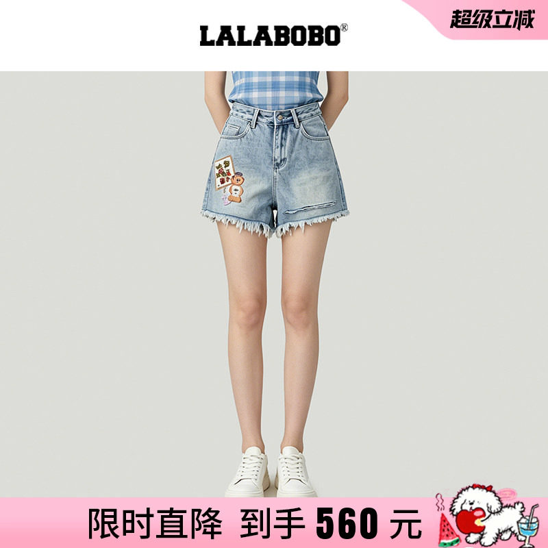 阔腿三分裤复古印花破洞牛仔短裤