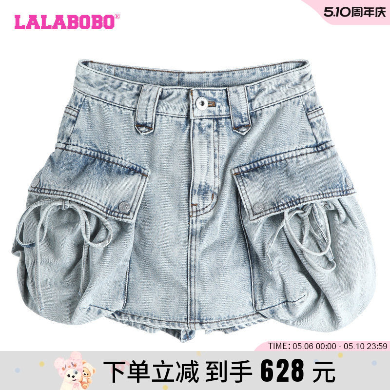 LALABOBO24夏季新款复古休闲高腰纯色大口袋牛仔短裤|LBDB-WXZQ11