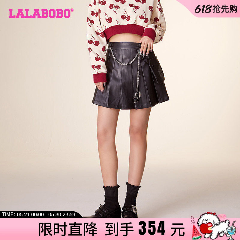 LALABOBO23冬季新款黑色百褶裙PU高腰显瘦a字短裙女|LBCD-WXZQ33