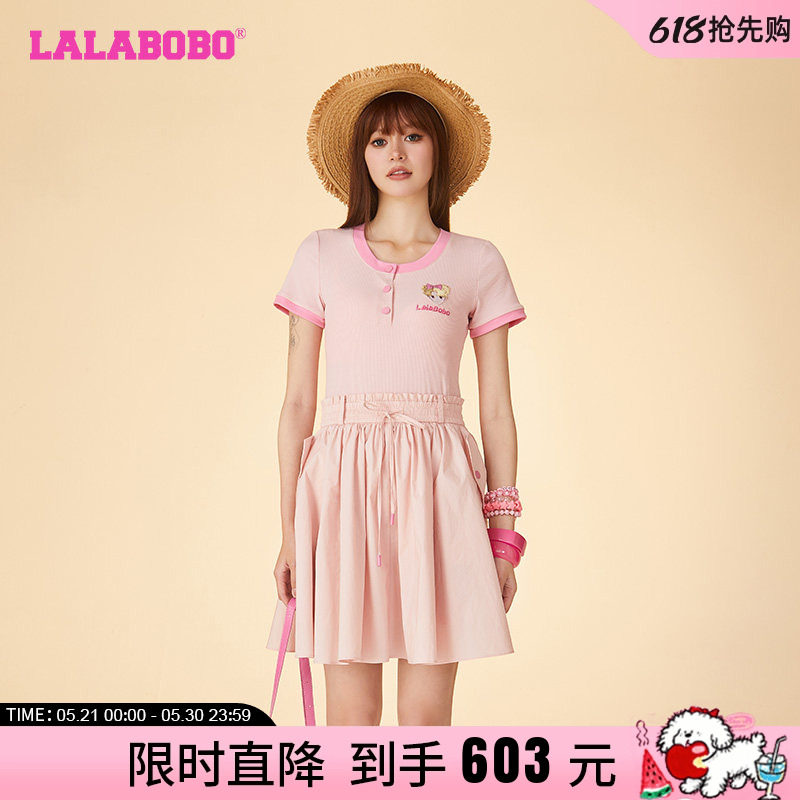 LALABOBO24夏季新款甜美可爱休闲针梭拼短袖连衣裙女|LBDB-WLZY20