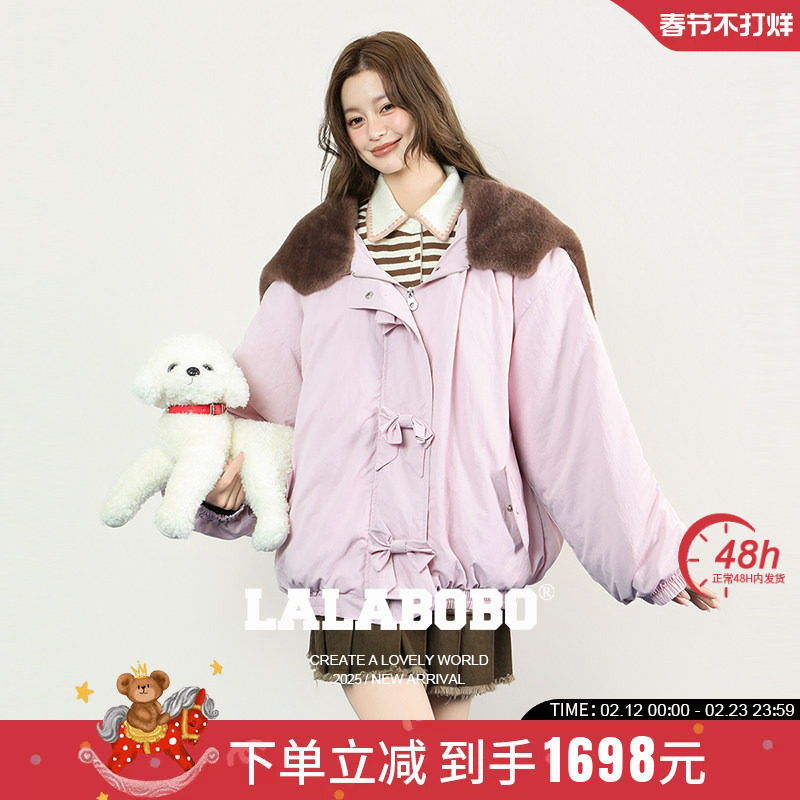 【商场同款】LALABOBO25年冬新款印花棉服女美式加棉短款连帽夹克