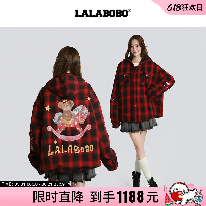 【新年红色】LALABOBO25年冬新款格纹夹棉衬衫女宽松连帽棉服外套