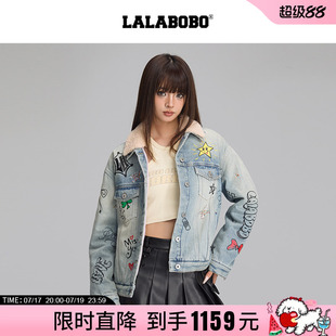 【商场同款】LALABOBO冬季牛仔夹棉服女原创新款潮牌印花上衣