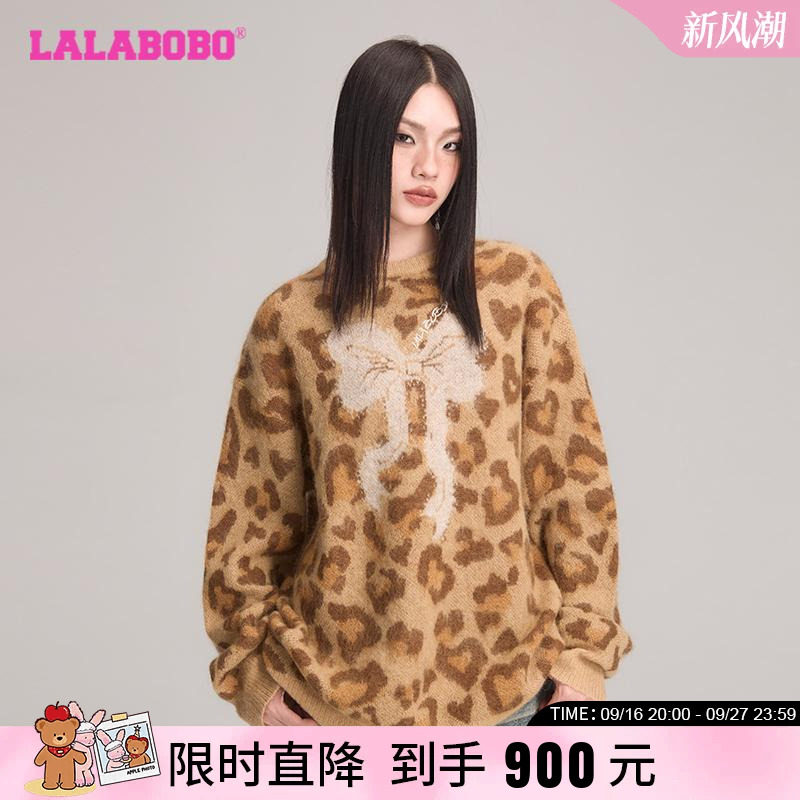 LALABOBO豹纹蝴蝶结圆领长袖毛衣