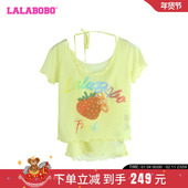 LALABOBO24夏季 WSDT56 T恤女LBDB 新款 宽松休闲水果木耳边网纱短袖