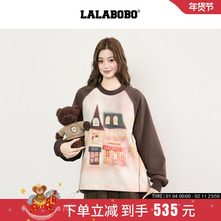【朱志鑫同款】LALABOBO25年秋新宽松圆领上衣美式插肩袖咖色卫衣