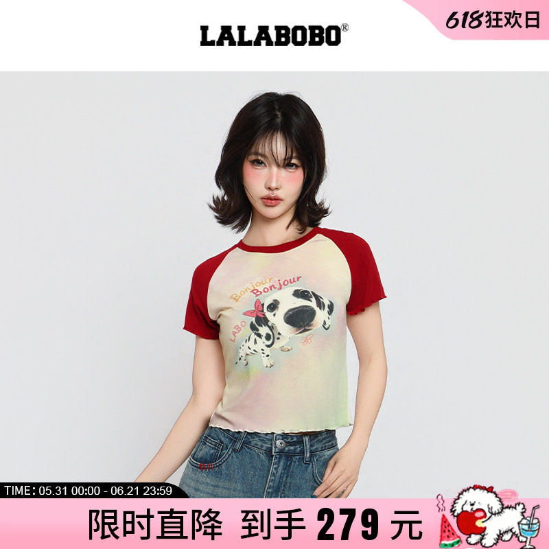 【宠宠欲动】LALABOBO26年春新款修身短袖小狗印花短款插肩袖T恤