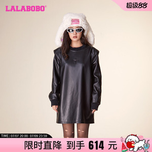 LALABOBO冬季新款纯色休闲圆领垫肩皮衣连衣裙女|LBCD-WSPW17